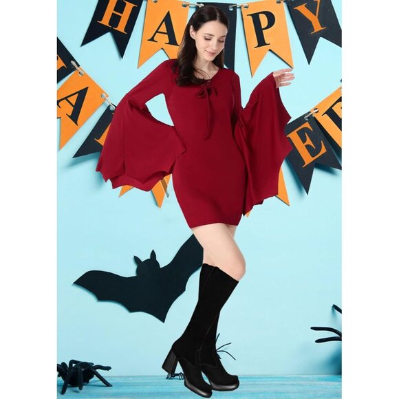 Women's Red Halloween Long Wide Sleeves Addams Costume Wrap Gothic Witch Dress - Picture 6 of 6